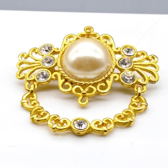 AJC Pearl and Crystal Brooch, Vintage Gold Tone Regency Style, Swivel Drop - Picture 2 of 3